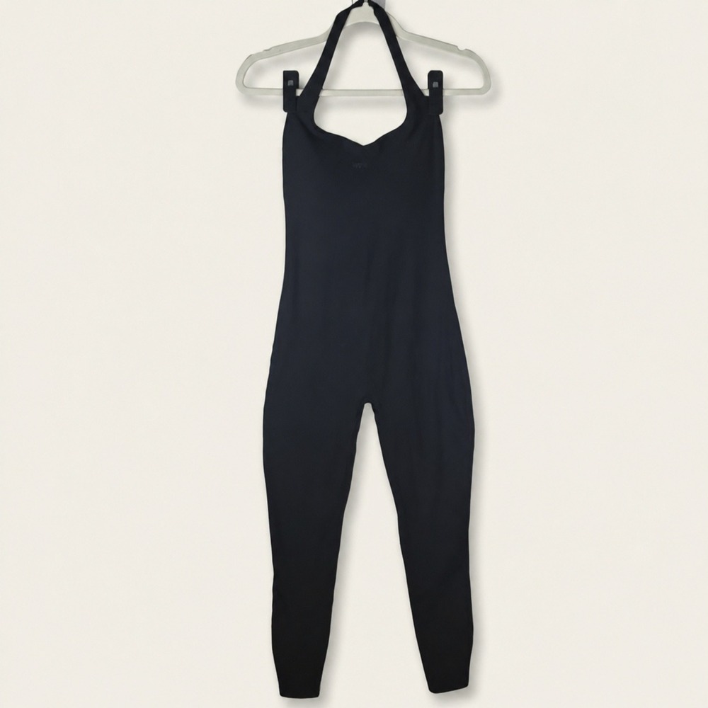 White Fox Active Black Backless Halter Jumpsuit WFA Logo Small